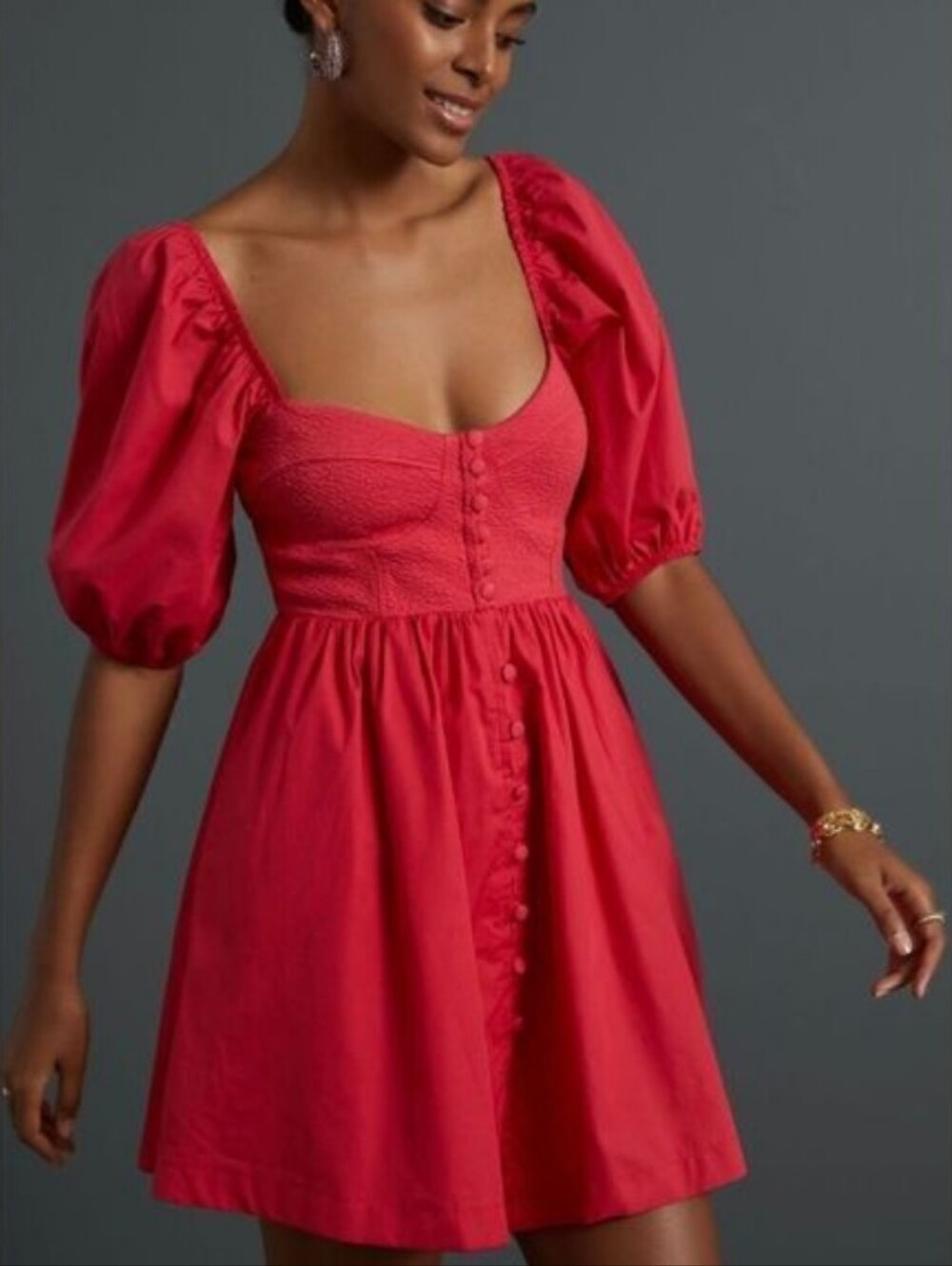 Anthropologie Maeve Red Puff Sleeve Button-Front Mini Dress
